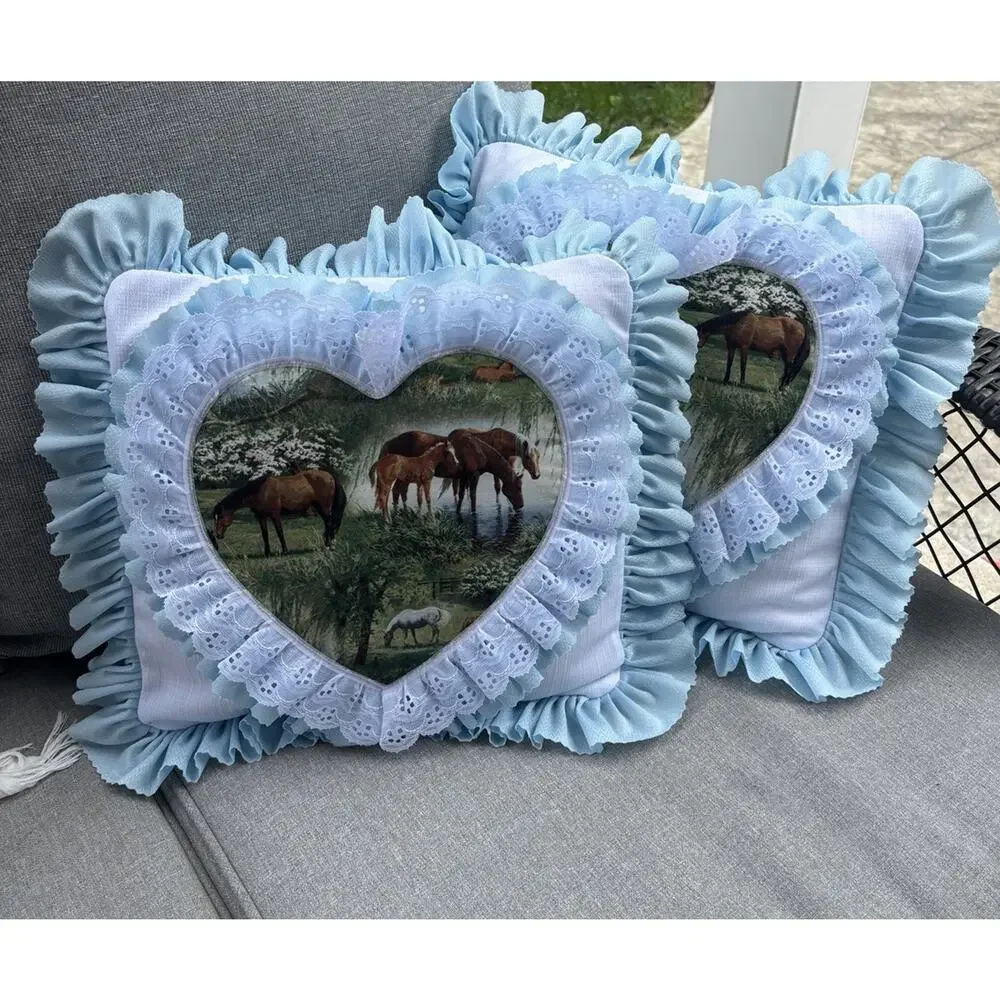 2 Vintage Ruffled Horse Throw Pillows Equestrian Pony Western 12